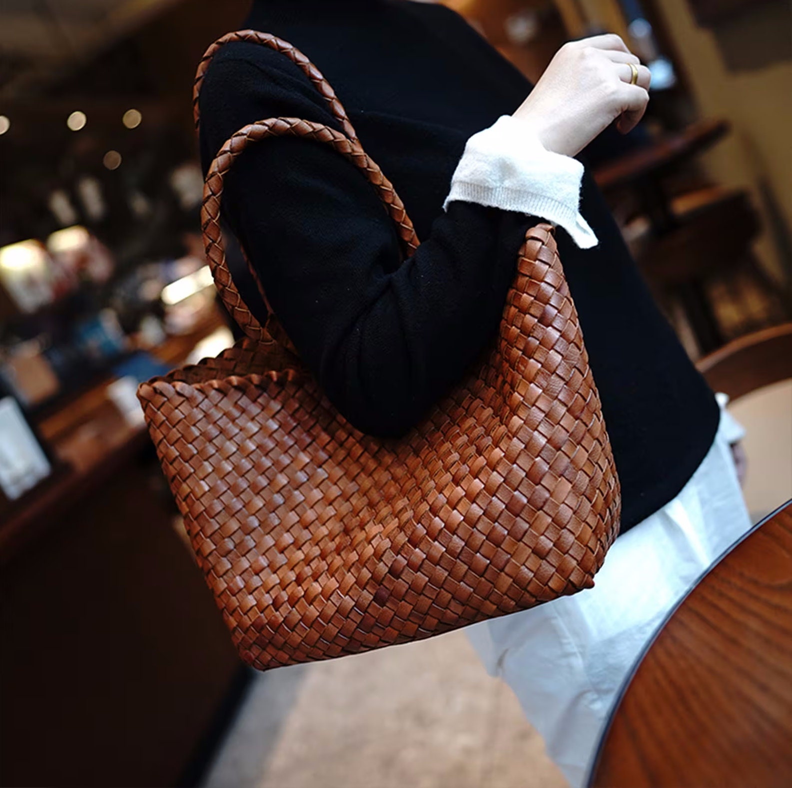 Handwoven Black & Cream Rattan Handbag with Brown Leather, 'Diagonal Style