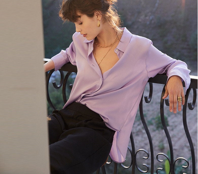 100% Pure Silk Purple Button Down Long 