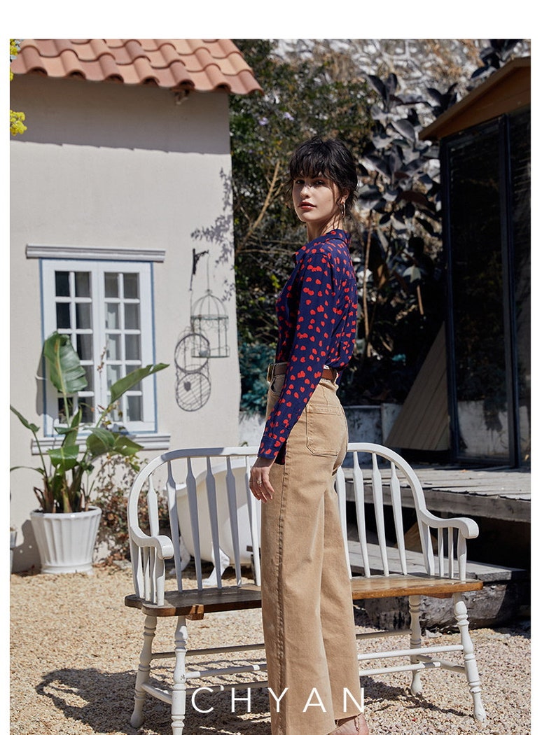 100/% pure silk little heart printed long sleeves button down shirt women blouse top work outfit capsule wardrobe nonothing fashion