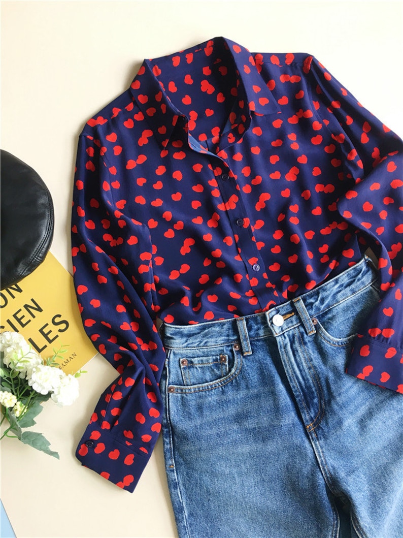 100/% pure silk little heart printed long sleeves button down shirt women blouse top work outfit capsule wardrobe nonothing fashion