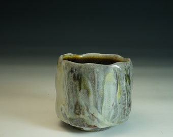 no.6.  beautiful wood fired tea bowl, chawan, stoneware/ porcelain slip. with tenmoku glaze inside. wood fired with salt.