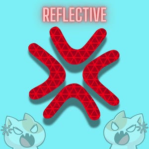 Puede incluir: Una calcomanía reflectante roja con un símbolo angular de cuatro puntas y un patrón de rejilla triangular. Sobre el símbolo, la palabra REFLECTIVE está impresa en letras mayúsculas rojas. Dos ilustraciones de gatos azul claro con enojo abajo.