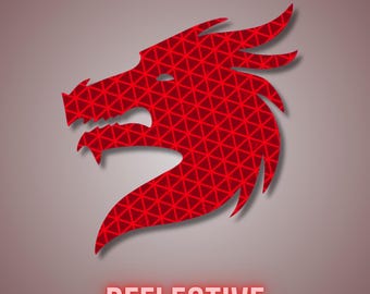 May include: A red dragon head logo with a geometric pattern, featuring the word "REFLECTIVE" in a glowing font. The dragon's design is detailed with sharp edges and a textured appearance, set against a gradient background.