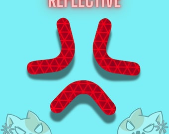 May include: A graphic design featuring the word REFLECTIVE in red text at the top. Below, three red, curved, triangular-patterned shapes form an angry expression symbol. Two light blue cat-like figures with angry expressions are at the bottom.