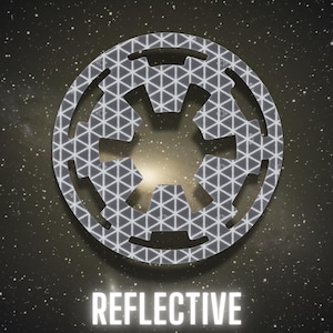 May include: A reflective, silver-colored emblem with a geometric pattern of triangles, set against a starry background. The word "REFLECTIVE" is displayed in white text at the bottom of the image. The emblem has a circular shape with a star-like design.