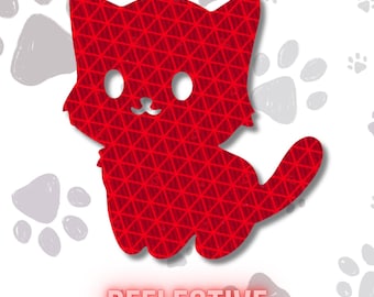 May include: A red cat-shaped sticker featuring a repeating triangular grid pattern across its surface. The cat has two circular eyes and a small mouth cutout. Below the cat, the word REFLECTIVE is printed in a bold, sans-serif red font.