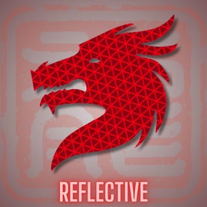 May include: A red dragon head silhouette featuring a repeating geometric triangle pattern across its surface. The design is set against a muted red background with a faint, large character and the word REFLECTIVE printed in white at the bottom.