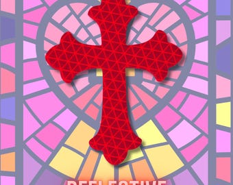 May include: A red reflective cross with a geometric pattern, set against a stained-glass window design in shades of pink, purple, yellow, and blue. The word "REFLECTIVE" is displayed at the bottom.