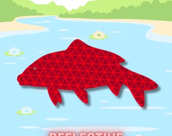 May include: A red fish-shaped decal featuring a repeating geometric triangle pattern across its surface. The fish has a single blue dot for an eye and is positioned against a light blue background with white water lilies and green hills.