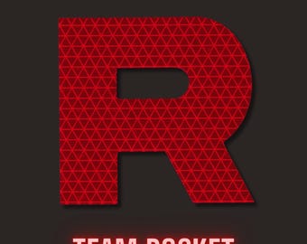 May include: A large, bold, red letter R featuring a repeating geometric triangle pattern throughout its surface. Below the letter, the text TEAM ROCKET is displayed in a clean, sans-serif font against a dark, solid background.