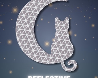 May include: A silver reflective decal featuring a crescent moon shape with a cat silhouette sitting on the lower curve. The entire surface is covered in a repeating white triangular grid pattern. The word REFLECTIVE is printed in white below.