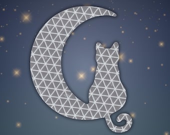 May include: A silver crescent moon with a geometric pattern and a cat silhouette sitting on top of it. The background is a dark blue with white stars.