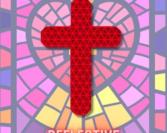 May include: A red cross with a geometric pattern is centered over a stained-glass heart design. The word "REFLECTIVE" is displayed in a light red font at the bottom of the image. The background features a variety of pastel colours.