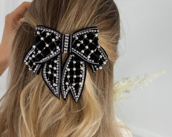 Black Velvet Pearl and Crystal Hair Bow Luxury Hair Clip