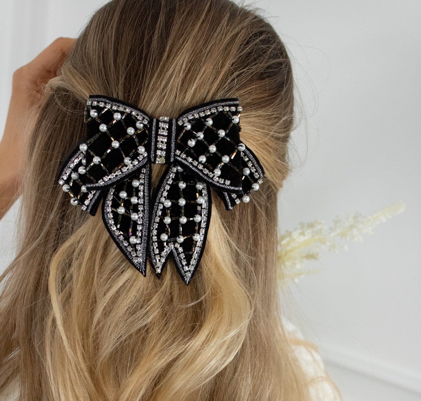 Black Velvet Pearl and Crystal Hair Bow Luxury Hair Clip