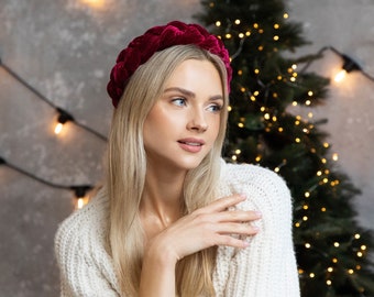 Burgundy luxury velvet headband braided