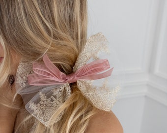 Embroided pink ribbon hair clip bow barrette