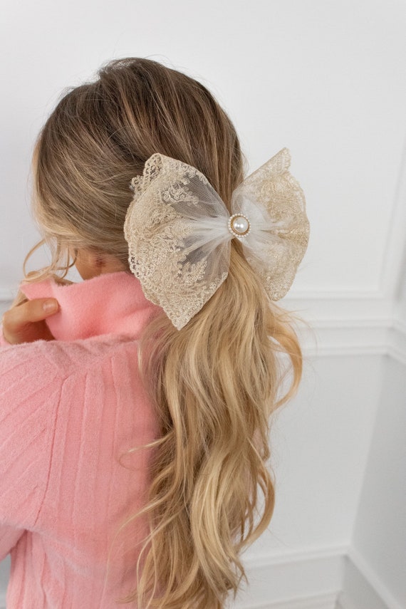 Ivory Champagne Embroidered Netted Hair Bow With Pearl - Etsy display picture 1