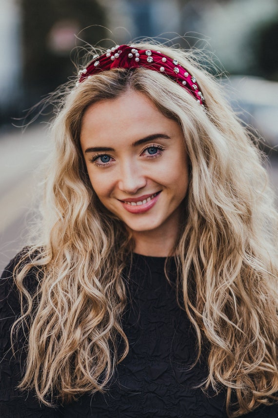 Buy Berry Red Crystal and Pearl Embellished Velvet Headband Online  