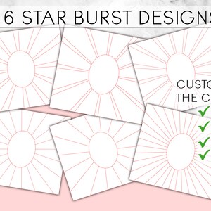 Op de afbeelding: Zes printbare sterbursts met een cirkel in het midden. Pas het midden aan met initialen, een afbeelding, een foto of een citaat.