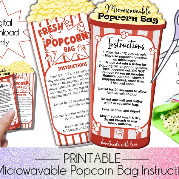 Microwavable Popcorn Bag Instructions, Printable Popcorn Bag Wash Instructions, Digital Download