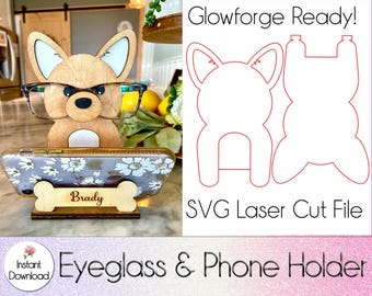 Soporte para gafas y teléfono Corgi SVG, archivo Glowforge