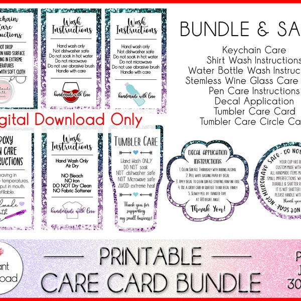 Tumbler Care Card, Shirt Wash Instructions, Decal Application, Pen Care, Keychain Care Instruction BUNDLE