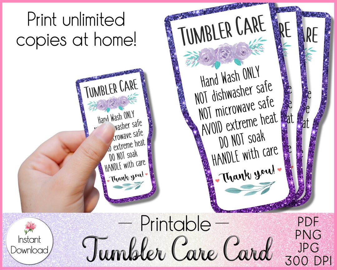 Printable Tumbler Care Card, Cup Care PNG, JPG, Print and Cut Wash ...