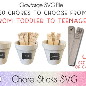 May include: A set of three white ceramic pots with black labels that say "Done", "Ava", and "Jaxon". Each pot contains wooden sticks with various chores written on them. The chores include "Clean Up Toys", "Organize Desk", "Dust", and "Put Dishes Away". The image also includes a red arrow pointing to a list of chores.