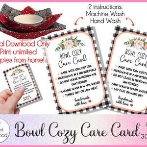 Printable Care Card for Bowl Cozy, Care Card Digital Download