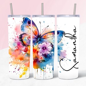 Watercolor Butterfly Tumbler Wrap Design, Custom Name, 20 oz Skinny Tumbler, Wildflower Sublimation Design PNG