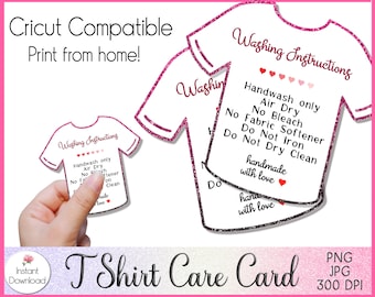 Tshirt Care Card Printable, Shirt Washing Instructions, PNG, JPG, Print ...