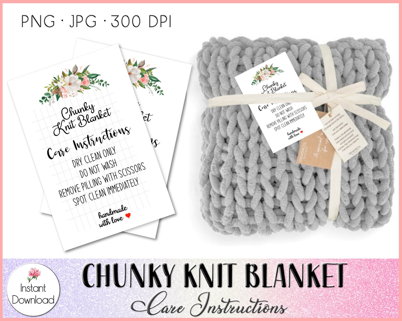 Chunky Knit Blanket Care Card, Blanket Washing Instructions, Knit