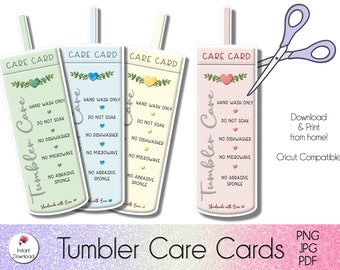 May include: Four printable tumbler care cards with a pink, blue, green, and yellow background. Each card has a heart design and the text "Tumbler Care" with instructions for hand washing, soaking, dishwashing, microwaving, and using abrasive sponges. The text "Handmade with Love" is at the bottom of each card. The cards are compatible with Cricut.