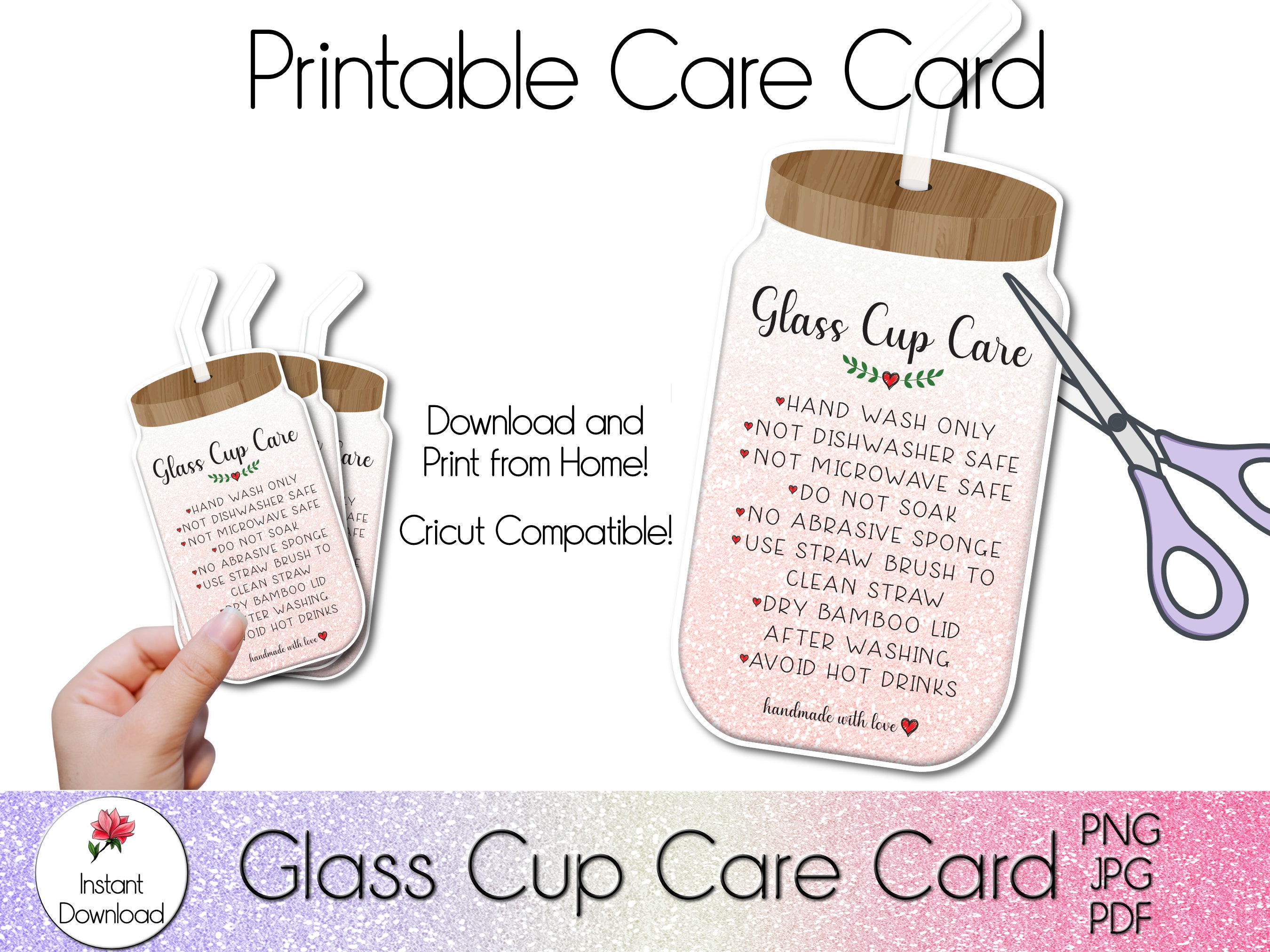 Printable Glass Cup Care Card, Frosted Glass Wash Instruction 