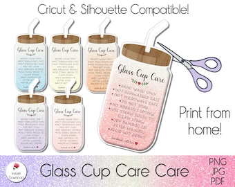 Carte d'entretien des tasses en verre imprimable, instructions de lavage du verre dépoli