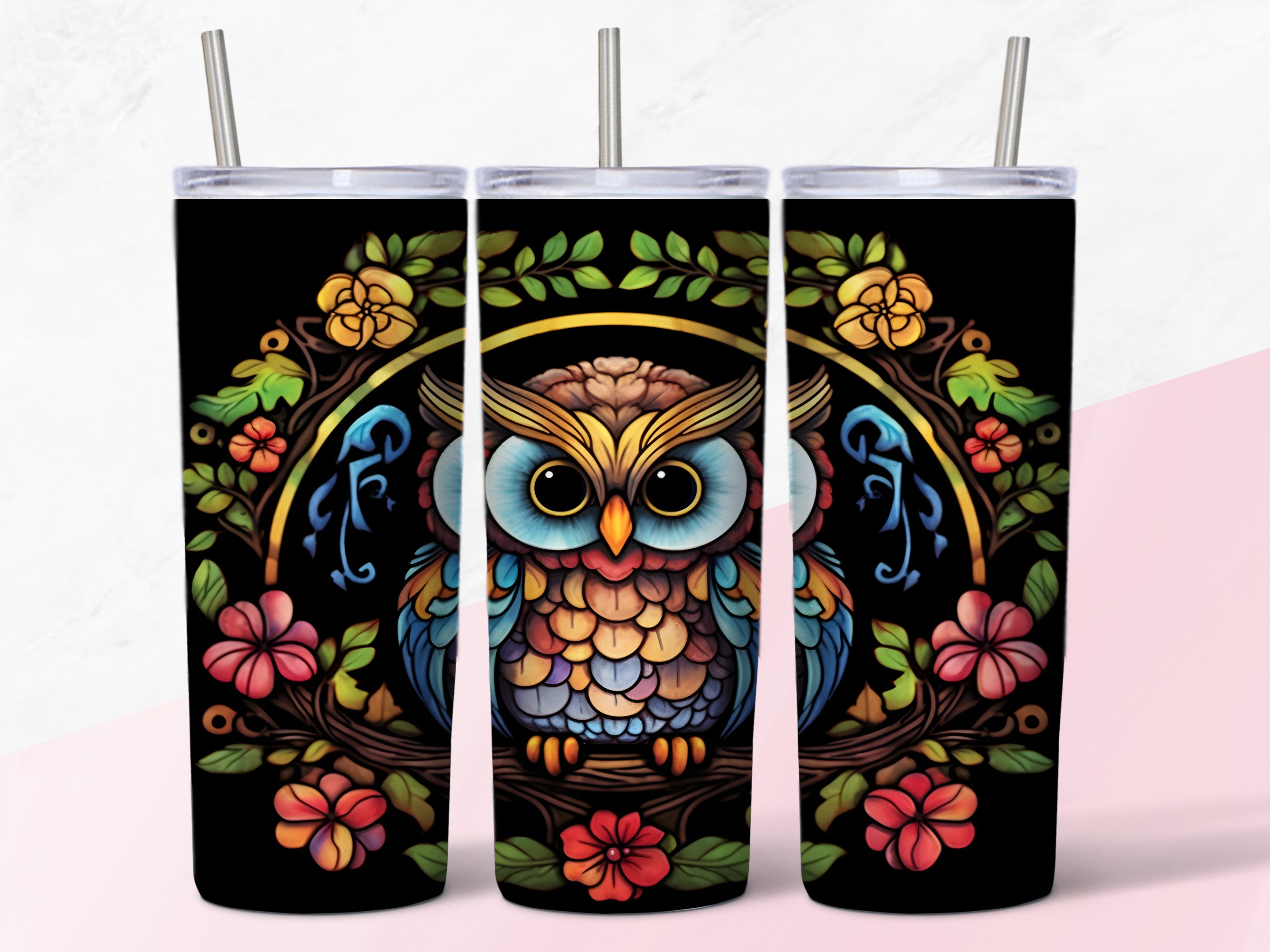 Stained Glass Owl Tumbler Wrap Design, Skinny Tumbler PNG (Digital Download)