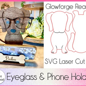 Teckel lenzenvloeistof en telefoon houder SVG, Glowforge SVG-bestand, brillen staan, telefoon staan, glazen houder, lenzenvloeistof display