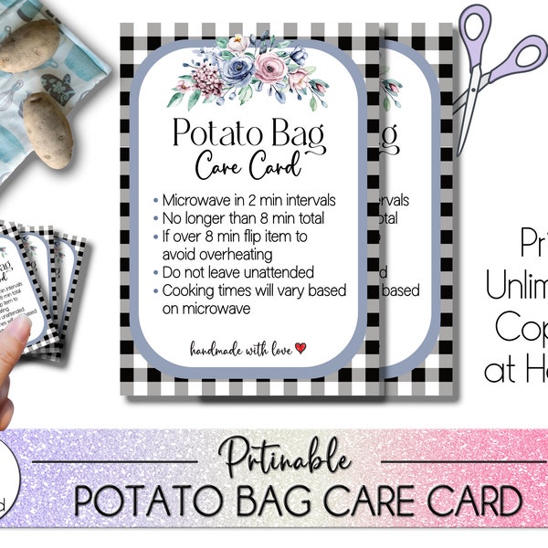 Care Card for Microwaveable Potato Bag, Microwave Instructions for Potato Pouch