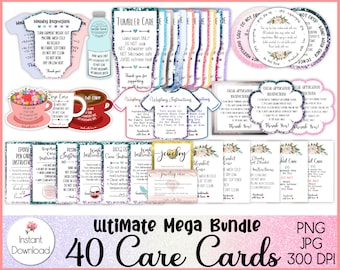 May include: A set of 40 printable care cards in various colors and designs. The cards feature glitter and floral accents. The cards include instructions for caring for items such as tumblers, jewelry, blankets, and epoxy resin.