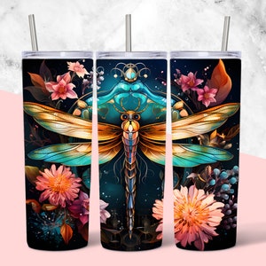 Stained Glass Dragonfly Design, 20 oz Skinny Tumbler, Sublimation Design, Straight & Tapered Tumbler Wrap PNG