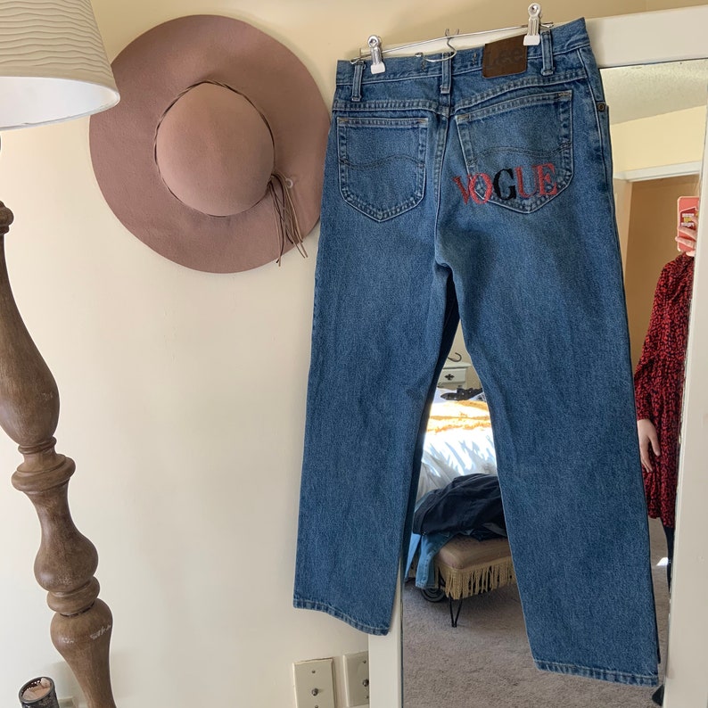 Embroidered Vintage Denim Mom Jeans Hand Embroidered Vogue Lee Straight Cut Jeans