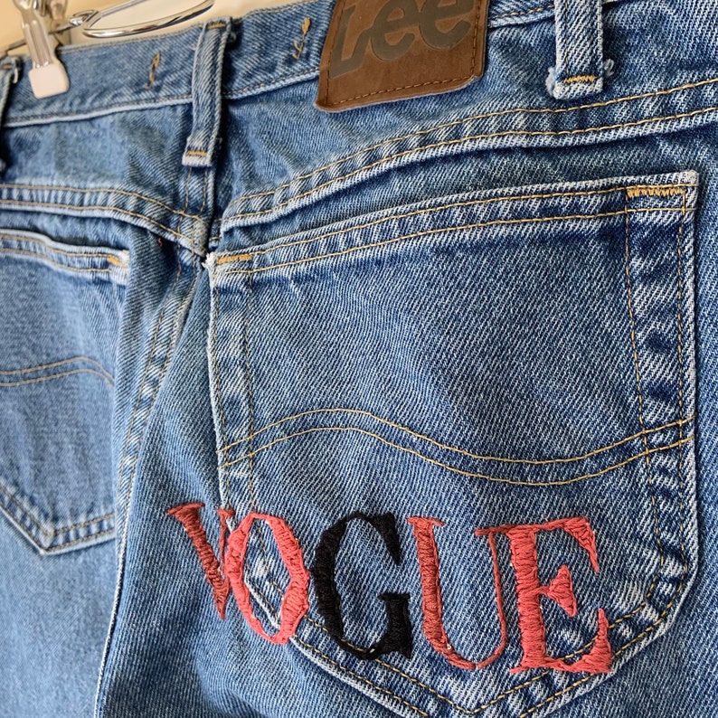 Embroidered Vintage Denim Mom Jeans Hand Embroidered Vogue Lee Straight Cut Jeans