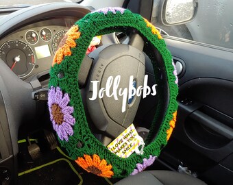 Hand crocheted steering wheel cover