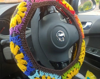 Crochet Steering wheel cover, rainbow, UK