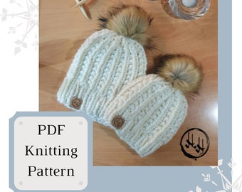 May include: PDF knitting pattern for two white knitted hats with faux fur pom-poms.