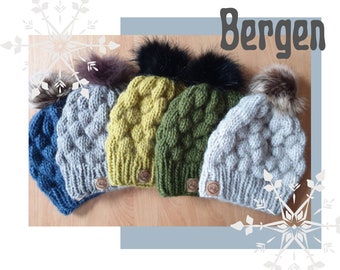 Bergen Chunky Knit Beanie with Faux Fur Pom Pom - Warm Winter Beanie - Wool - Cosy Women's Beanie - Alpaca - Scandi Inspired