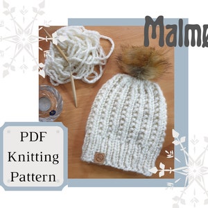 NEW! EASY Knitting Pattern Chunky Malmø Beanie Knit - Easy Hat Pattern - Simple Pattern - Bulky Knit - English & Danish