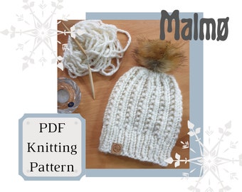 NEW! EASY Knitting Pattern Chunky Malmø Beanie Knit - Easy Hat Pattern - Simple Pattern - Bulky Knit - English & Danish