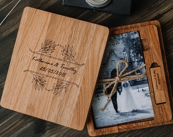 10x15cm (4x6) picture box made of natural solid oak with matching USB drive. Personalized keepsake box. Couple memory box